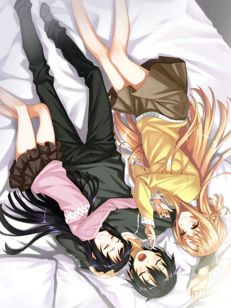 full length, bedroom, women, lifestyles, female, Yuuki Asuna, people, high angle view, bed, clothing, furniture, young adult, men, lying down, male, multi colored