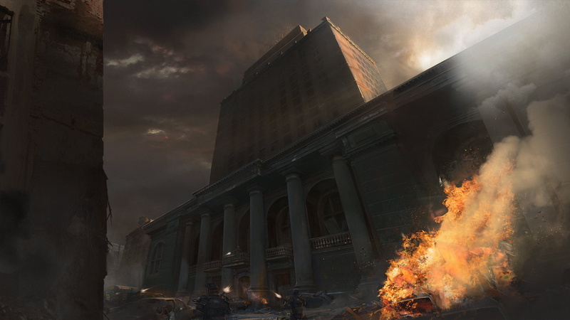 the past, aggression, Wolfenstein II: The New Colossus, building exterior, cloud - sky, built structure, fire, 1080P, accidents and disasters, architectural column