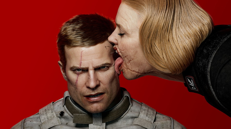 heterosexual couple, two people, aggression, Wolfenstein, 1080P, red background, Wolfenstein II: The New Colossus, men, couple - relationship, human face