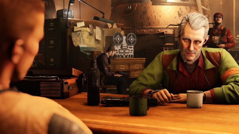 lifestyles, men, occupation, B.J. Blazkowicz, 1080P, sitting, portrait, wood - material, Wolfenstein, table, working, drink, people, indoors, Wolfenstein II: The New Colossus