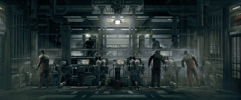 architecture, group of people, factory, people, men, women, 5K, lifestyles, real people, indoors, night, video games, medium group of people, Wolfenstein: The New Order