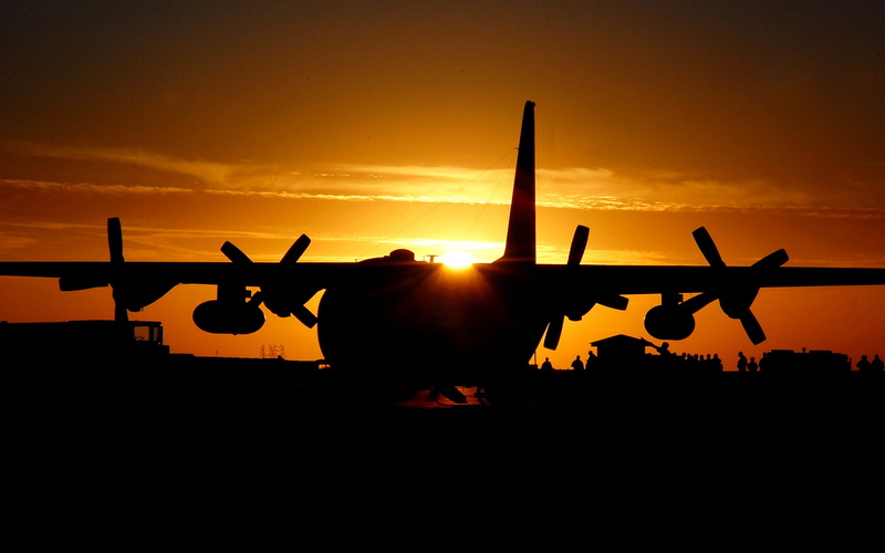 sunset, travel, orange color, air vehicle, silhouette, mode of transportation, Lockheed C-130 Hercules, sun, aerospace industry, sky, sunlight, no people