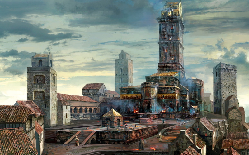 concept art, sky, built structure, outdoors, digital, 2K, tall - high, religion, spirituality, belief, village, skyscraper, no people, building exterior