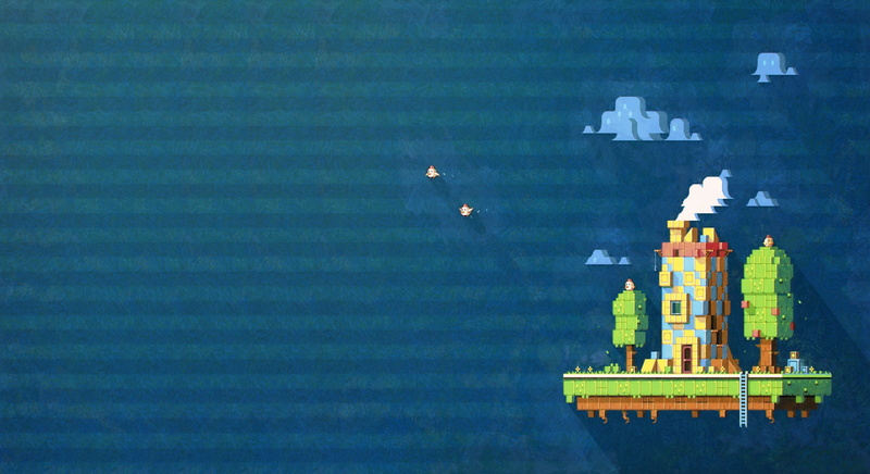 Fez, Minimalism, Background, Pixels, Art, Birds, House, 2K, Pixel art Fez, The sky