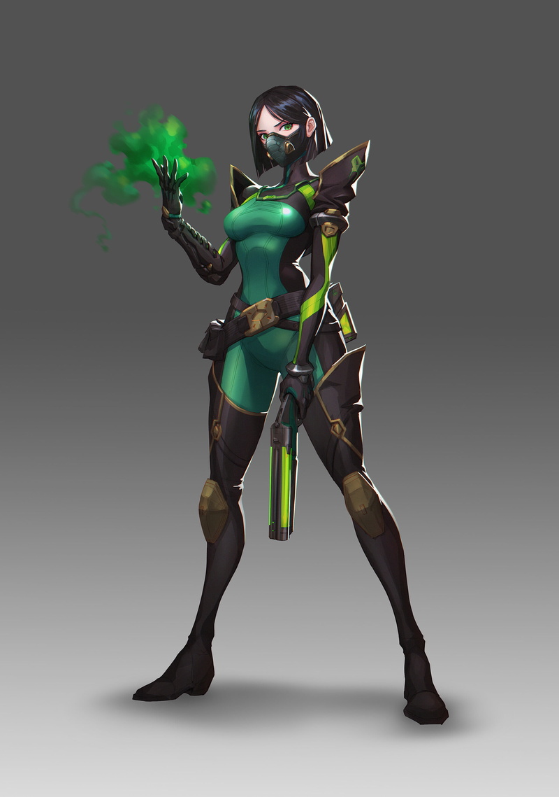 digital art, video games girls, dark hair, viper (valorant), artwork, gun, fan art, video game characters, Riot Games, green eyes, Valorant, illustration