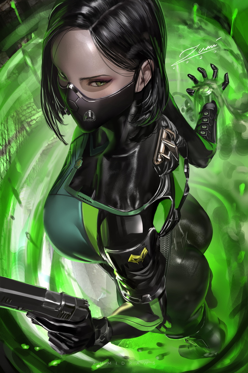zumidraws, drawing, Zumi, viper (valorant), video games, black hair, artwork, illustration, fantasy girl, video game girls, digital art, fan art, 2K, Valorant