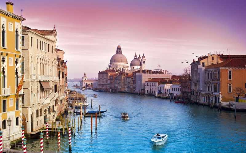 canal, architecture, city, building, boat, Italy, landscape, 1080P, church, Venice, urban