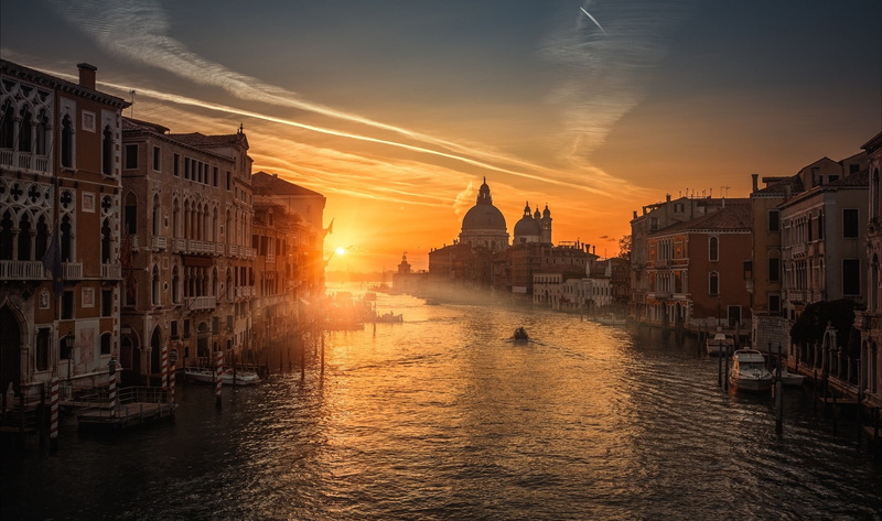transportation, building, 1080P, boat, clouds, nautical vessel, canal, outdoors, Venice, sunset, cloud - sky, sunlight, Italy, photography, architecture