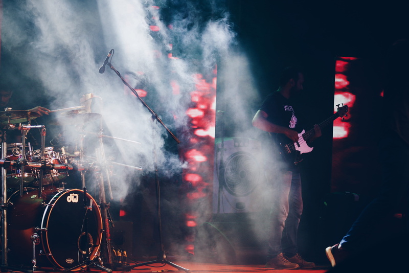 stage, 4K, concert, smoke - physical structure, crowd, near, aesthetic, excitement, group of people, guitar, electric, hype beast, playing, drumms, sing