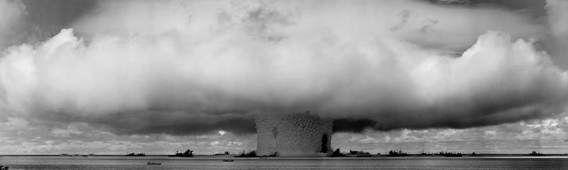 atomic bomb, mushroom, power in nature, sky, building exterior, history, sea, wave, no people, cloud - sky, built structure, water, the past, monochrome