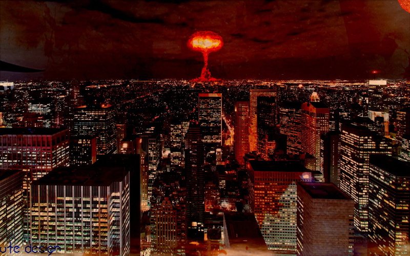 atomic bomb, office building exterior, sky, orange, apocalyptic, cityscape, built structure, digital art, crowded, skyscraper, dark, night, financial district
