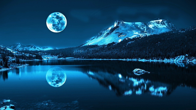 Blue, mountains, rivers, night, reflections, x, moon, 1080P, hd, nature, art, lakes, landscapes