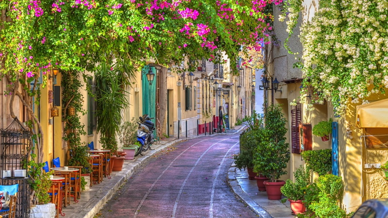 Cities, bougainvillea, the way forward, day, House, flowers, luxury, 1080P, Greece, building, sunlight, no people, nature, tree, diminishing perspective