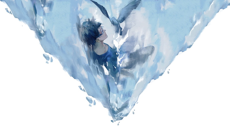 climbing, 1080P, Zankyou no Terror, full length, winter, warm clothing, day, frozen, one person, bird, nature, outdoors, white color, painting, snow, real people