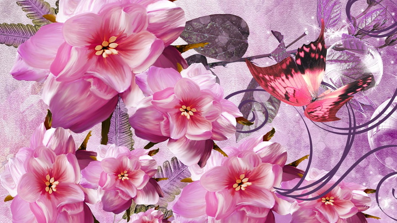 flowers, purple, petaled, scrolls, 3d and abstract, painted, butterfly, black, leaves, 1080P, butterflies, pink, near, painting