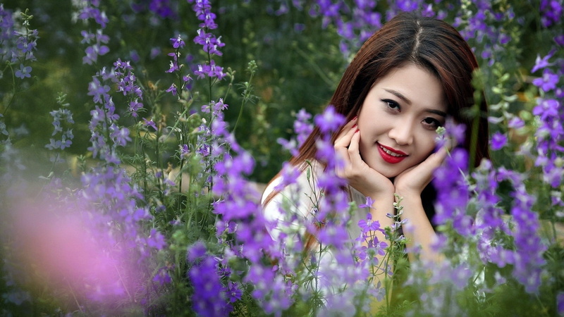 field, face, young women, long hair, grass, headshot, hair, happiness, purple, portrait, one person, adult, front view, lavender, emotion, Asian, flower