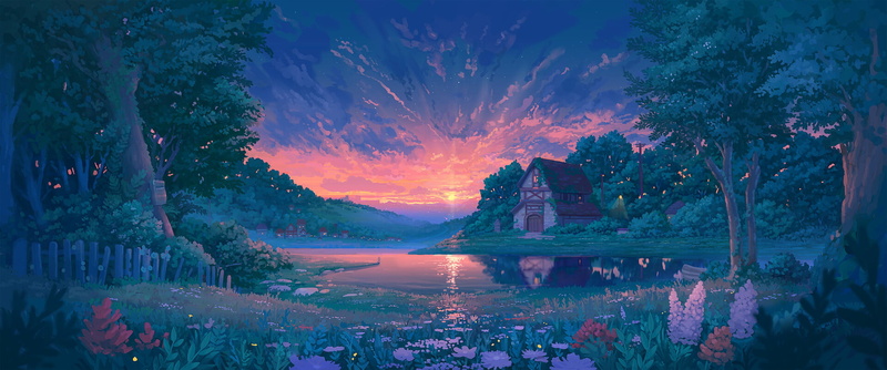 forest, Denis Istomin, cottage, fence, lake, 1080P, sunrise, lavender, painting