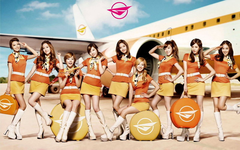 cheerful, sitting, females, Girls Generation, smiling, looking at viewer, lifestyles, airplane, 1080P, standing, group of people, emotion, brunette, K-pop