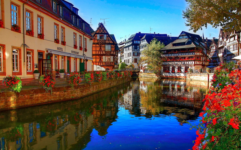 Houses, River, Flowers, Strasbourg, Restaurant, France, 2K