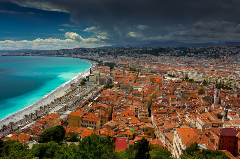 Nice, mountains, city, sky, shore, clouds, 1080P, houses, roof, France, sea