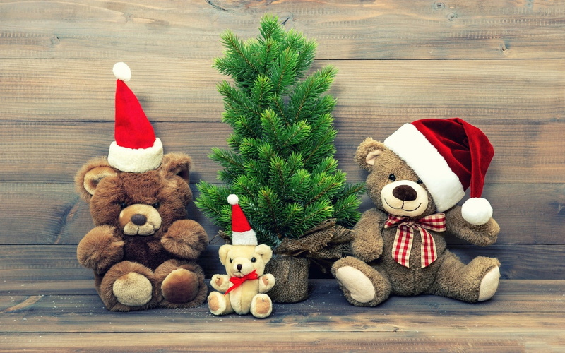 no people, plush, toy, stuffed toy, toys, human representation, red, 1080P, santa hat, softness, three, art and craft, representation, celebration, christmas ornament