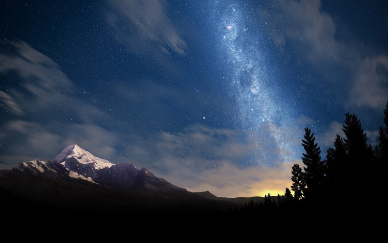 landscape, starry night, Milky Way, 2K, mountains, galaxy, clouds, nature, trees, night, sky, stars, long exposure, dark