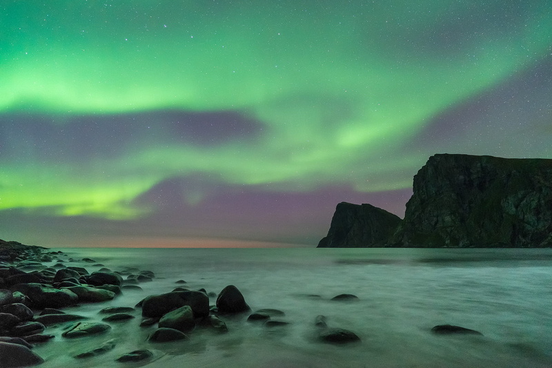 astrophotography, sea, rock - Object, Shoreline, sunset, Showtime, nature, night, scenics, sea  water, northern lights, water, coast, green sky, Lofoten Islands