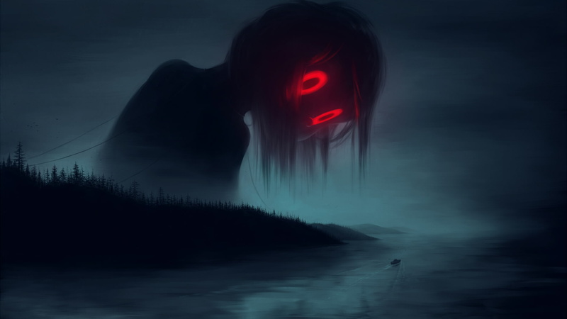 artwork, red eyes, boat, 1080P, mist, dark, landscape, S A Lieske
