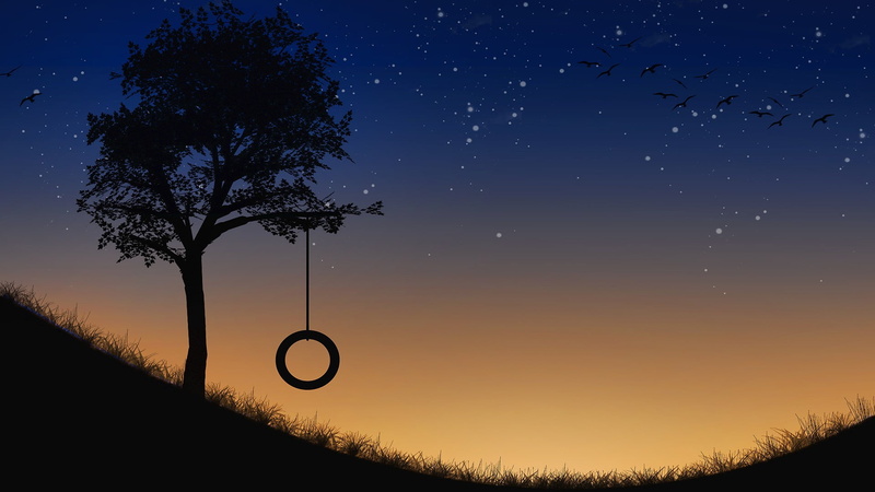 beauty in nature, non-urban scene, night, swing, branch, land, astronomy, trees, scenics - nature, space, tranquil scene, ring, sunset, field, sunlight