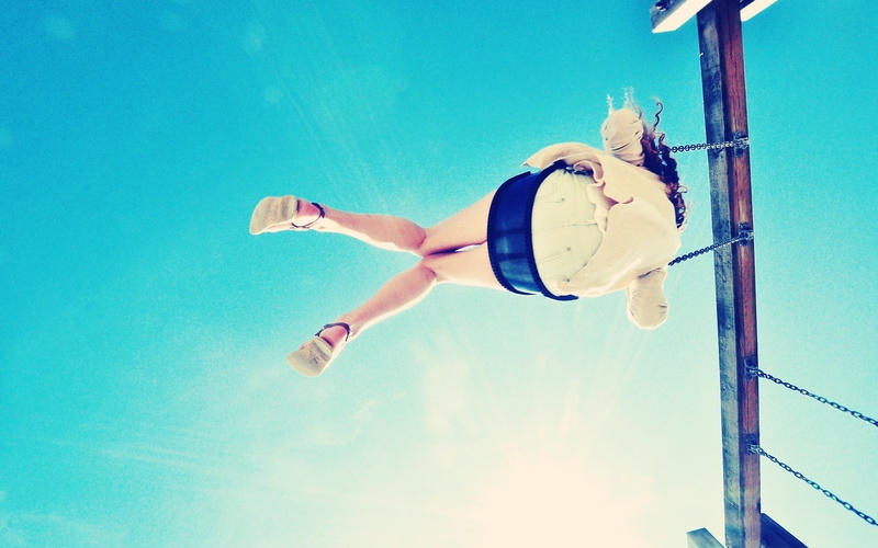 young women, women, blue, outdoors, swimwear, clothing, real people, nature, 1080P, low angle view, mid-air, legs, swing, full length, clock, leisure activity