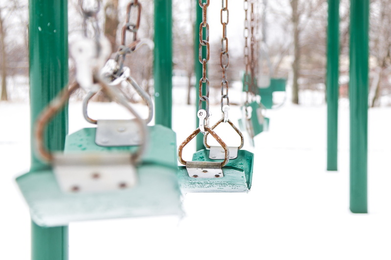 day, trunk, snow, turquoise colored, focus on foreground, hanging, tree trunk, equipment, connection, swings, no people, still life, green color, tree