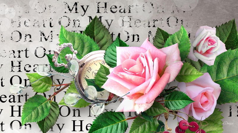 time, rose, vintage, love, pink roses, flowers, letter, 1080P, valentines da, pocket watch, heart, romantic, clock