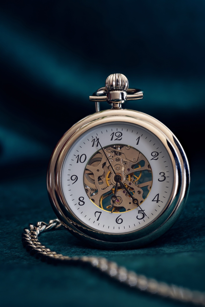 close-up, old, table, time, metal, clock, retro look, single object, studio shot, hours, still life, minute hand, black background, blue background, instrument of time
