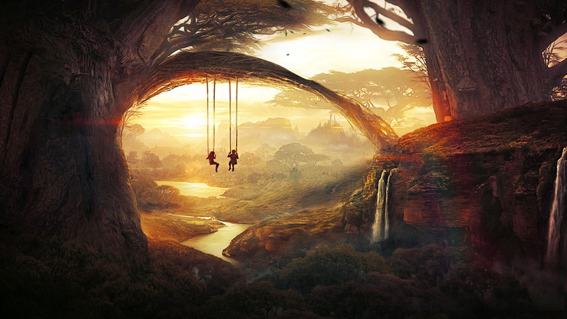 lake, Sunny, river, children, stream, waterfall, 1080P, swings, trees, fantasy art
