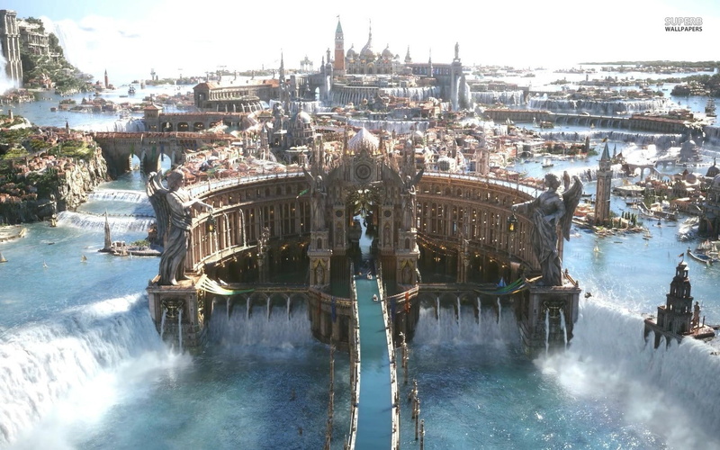 art, fantasy art, fantasy, lake, waterfall, castle, 720P, city