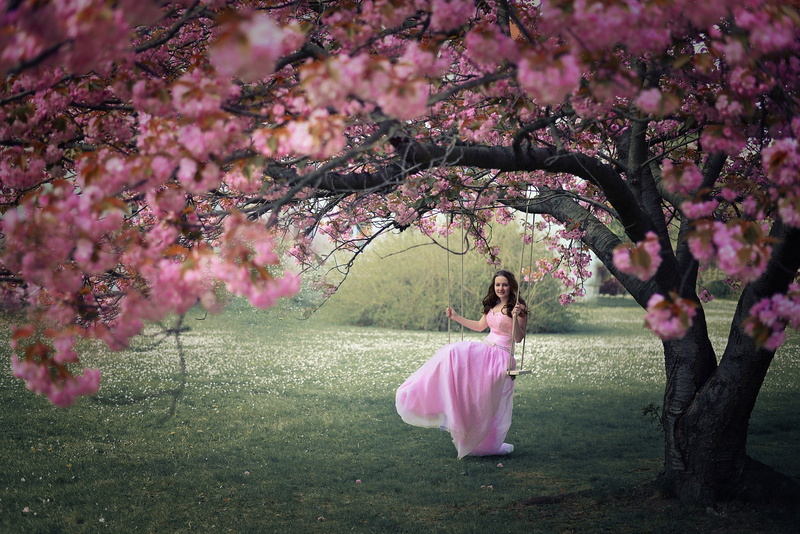 riding, pink color, woman, women outdoors, outdoors, park, women, cherry blossom, leaf, cherry tree, chair, model, springtime, trees, leisure activity