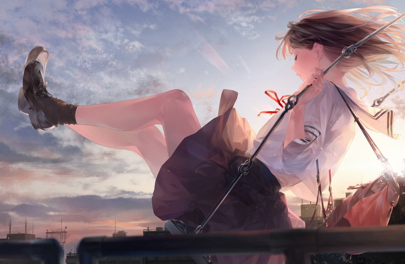 Anime, young adult, arms raised, clouds, giant anime girl, lifestyles, sunset, outdoors, hairstyle, cloud - sky, casual clothing, women, young women, sky
