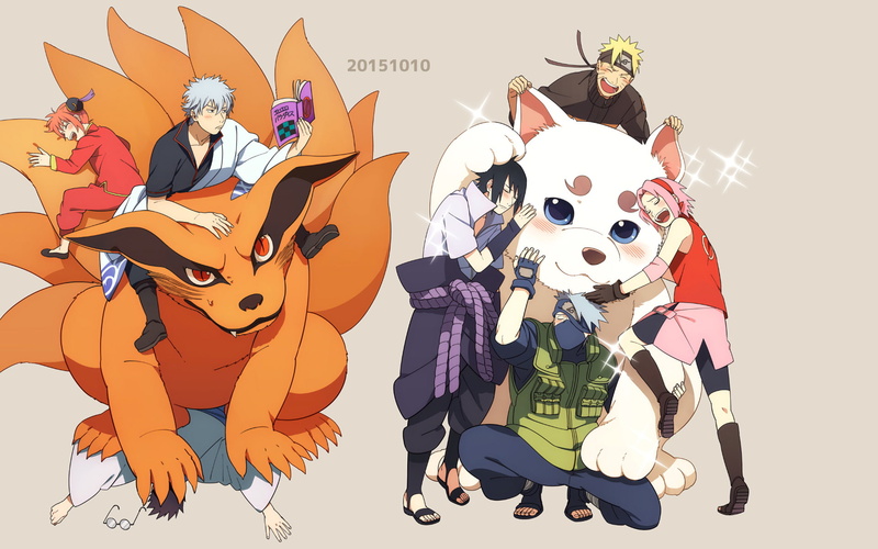 Naruto Uzumaki, celebration, Sakura Haruno, Kakashi Hatake, teenage boys, Kyūbi (Naruto), mammal, characters, full length, Sadaharu (Gintama), arts culture and entertainment