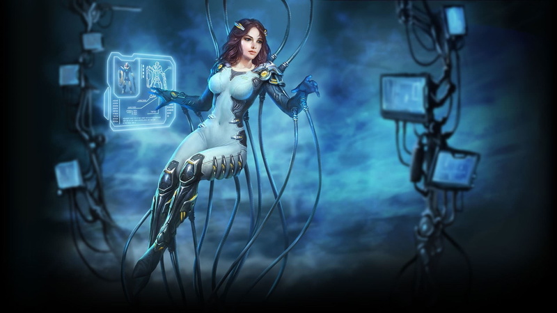 cables, character, people, costume, clothing, art, wire, cyberpunk, adult, monitor, full length, anime, futuristic, brown hair, science, dark, interface