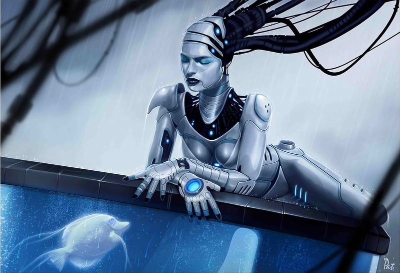 science, silver colored, people, black, haired, low angle view, illustration, art, technology, movie, plastic, Android, indoors, one Person, toy, human representation