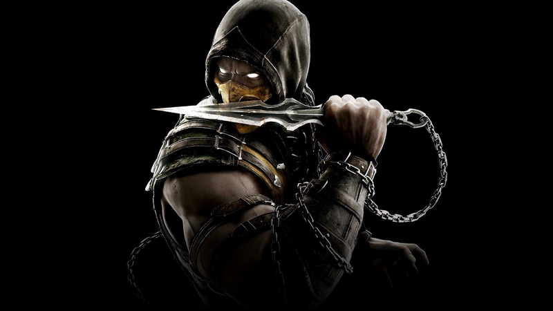 front view, safety, Mortal Kombat, studio shot, men, Mortal Kombat X, Scorpion (character), obscured face, waist up, shirtless, 1080P, Simple Background