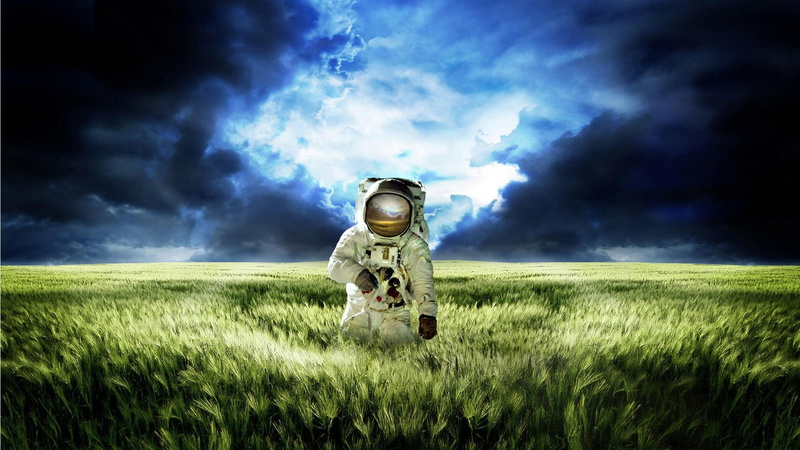 1080P, clouds, Spikelets, Photo Manipulation, gloves, helmet, field, nature, digital art, Space Suit, astronaut