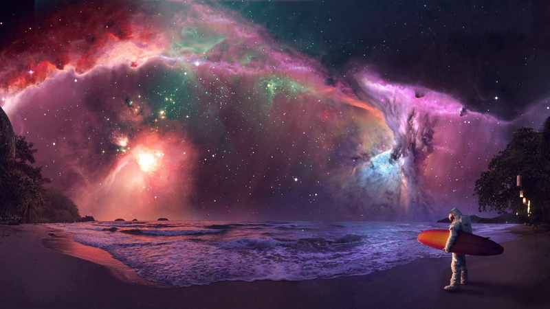 star - space, tranquility, Surfing, sea, galaxy, Astronauta, 1080P, astronomy, nebula, beauty in nature, scenics - nature, motion, beach, outdoors, milky way