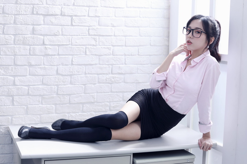 miniskirt, glasses, ponytail, shirt, black legwear, brunette, window, legs, office girl, looking at viewer, women, women with glasses, desk, knee-highs