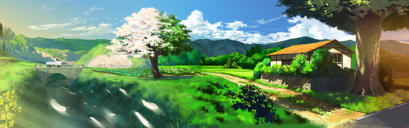 house, trees, sky, mountains, nature, green color, artwork, brown, no people, building, vibrant color, built structure, cloud - sky, 4K, outdoors, mountain