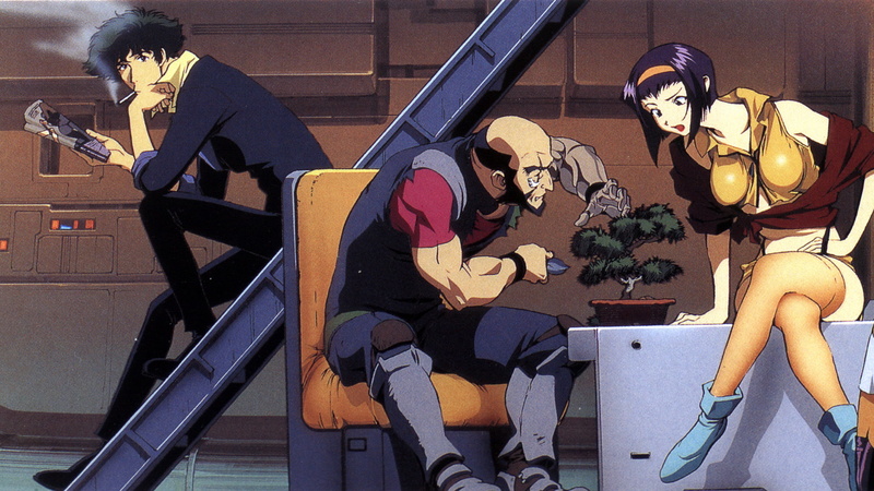 720P, bald, women, Spike Spiegel, anime, Jet Black, Faye Valentine, bonsai, Cowboy Bebop, cartoon, thigh-highs, men
