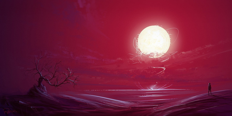 sunset, artwork, bonsai, red, fantasy art, illustration, Sun, 1080P