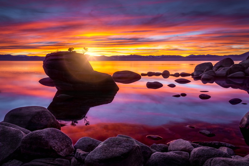 Bonsai Rock, 1080P, rock, lake, sunset, Lake Tahoe, stones