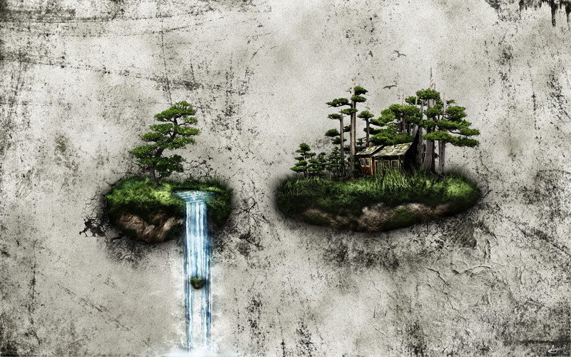 nature, bonsai, waterfall, 1080P, trees, artwork, grunge, digital art