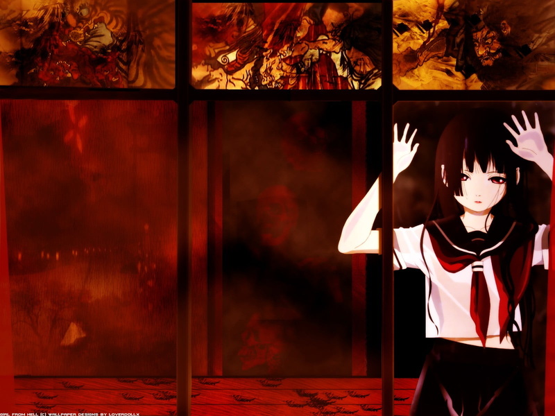 720P, Jigoku Shoujo, three quarter length, anime, Enma Ai, mask, men, indoors, disguise, waist up, school uniform, child, one person, leisure activity